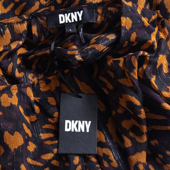DKNY Sheer Blouse Animal Print Brown Black Size Large Mobwife Glam - Picture 10 of 13